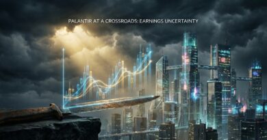 Palantir stock at a critical crossroads before earnings, symbolizing extreme valuation, rapid growth, and a decisive make-or-break moment.