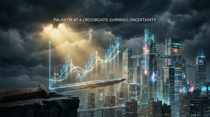 Palantir stock at a critical crossroads before earnings, symbolizing extreme valuation, rapid growth, and a decisive make-or-break moment.